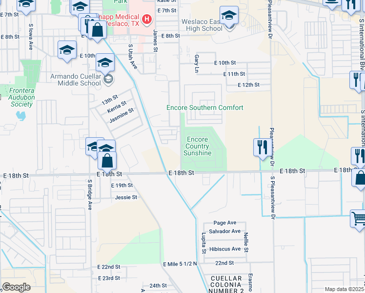 map of restaurants, bars, coffee shops, grocery stores, and more near 117 Valley Oak in Weslaco