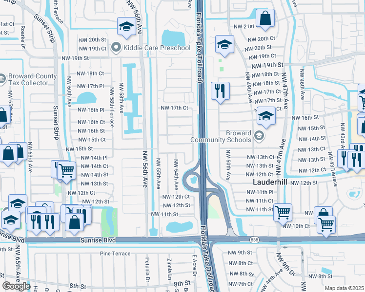 map of restaurants, bars, coffee shops, grocery stores, and more near 5325 Northwest 15th Court in Lauderhill