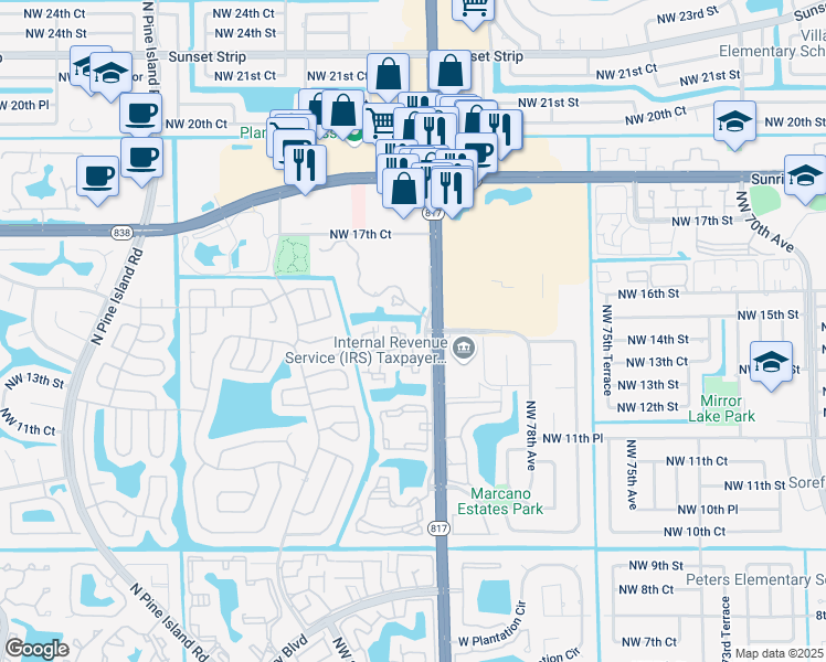 map of restaurants, bars, coffee shops, grocery stores, and more near 1426 Northwest 80th Way in Plantation