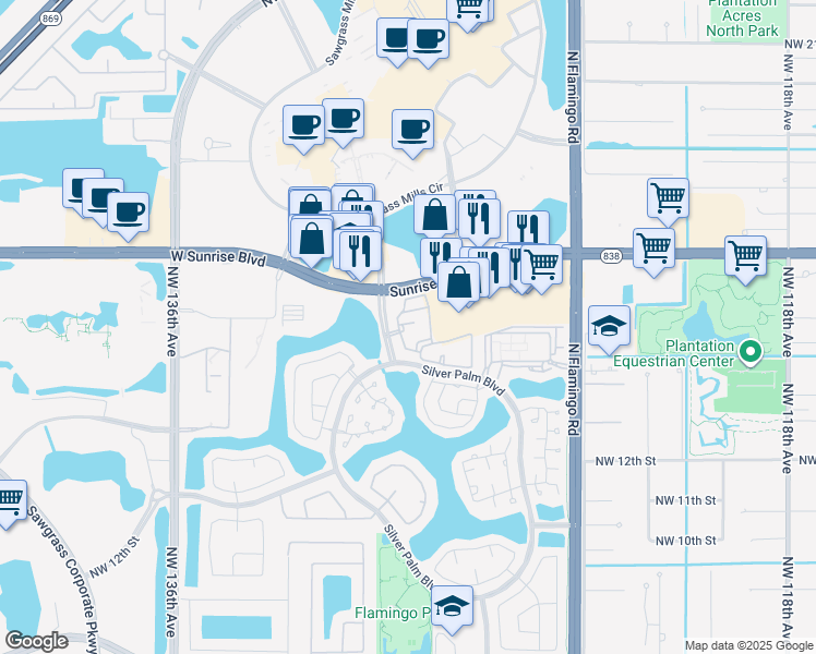map of restaurants, bars, coffee shops, grocery stores, and more near 1630 Northwest 128th Drive in Sunrise