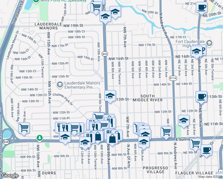 map of restaurants, bars, coffee shops, grocery stores, and more near 1340 Northwest 9th Avenue in Fort Lauderdale