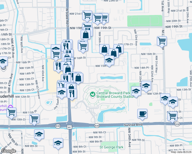 map of restaurants, bars, coffee shops, grocery stores, and more near 3602 Northwest 14th Court in Lauderhill