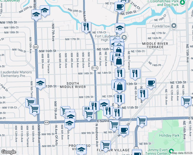 map of restaurants, bars, coffee shops, grocery stores, and more near 1336 Northeast 1st Avenue in Fort Lauderdale