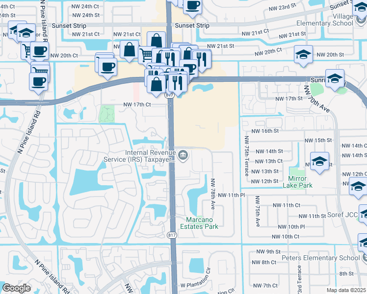 map of restaurants, bars, coffee shops, grocery stores, and more near 7869 North Marcano Boulevard in Plantation