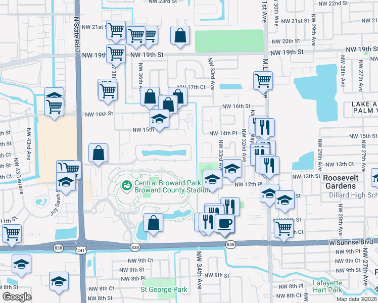 map of restaurants, bars, coffee shops, grocery stores, and more near 1436 Northwest 34th Way in Lauderhill
