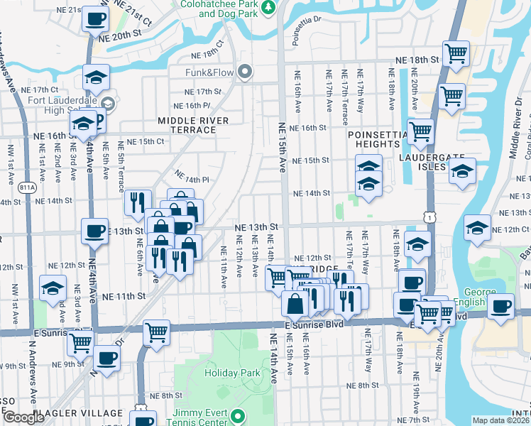 map of restaurants, bars, coffee shops, grocery stores, and more near 1325 Northeast 14th Avenue in Fort Lauderdale