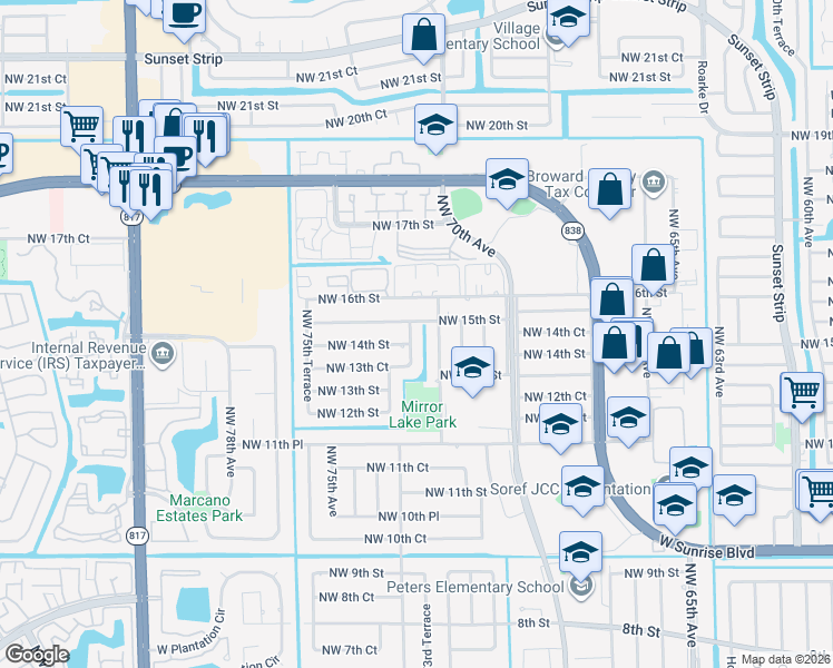 map of restaurants, bars, coffee shops, grocery stores, and more near 1430 Northwest 73rd Avenue in Plantation