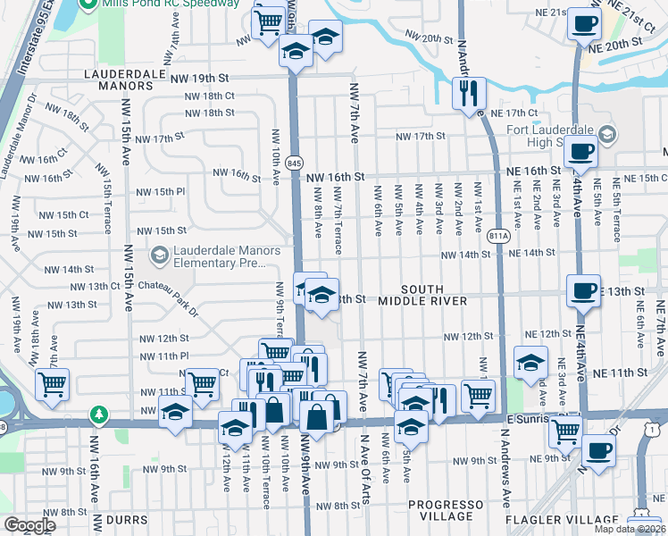 map of restaurants, bars, coffee shops, grocery stores, and more near 1341 Northwest 7th Terrace in Fort Lauderdale