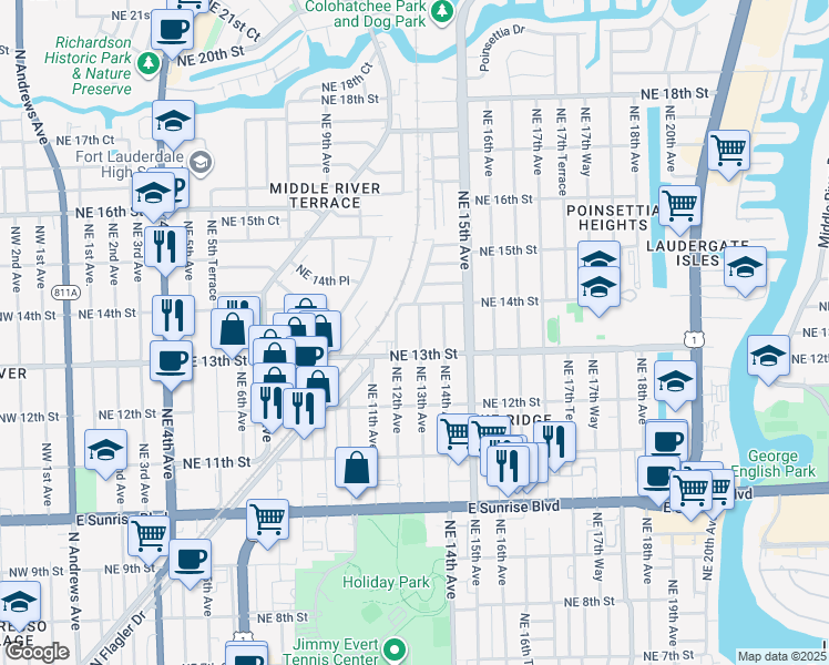 map of restaurants, bars, coffee shops, grocery stores, and more near 1337 Northeast 12th Avenue in Fort Lauderdale