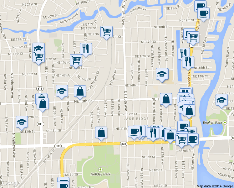 map of restaurants, bars, coffee shops, grocery stores, and more near 1325 Northeast 14th Avenue in Fort Lauderdale