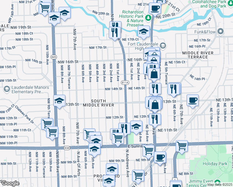 map of restaurants, bars, coffee shops, grocery stores, and more near 1335 North Andrews Avenue in Fort Lauderdale