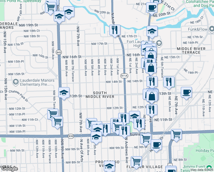 map of restaurants, bars, coffee shops, grocery stores, and more near 1337 Northwest 2nd Avenue in Fort Lauderdale
