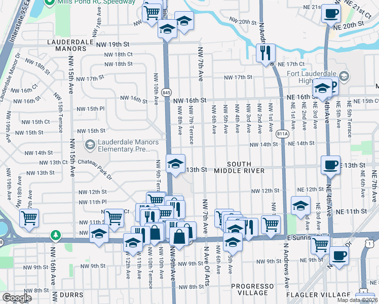 map of restaurants, bars, coffee shops, grocery stores, and more near 1341 Northwest 7th Terrace in Fort Lauderdale