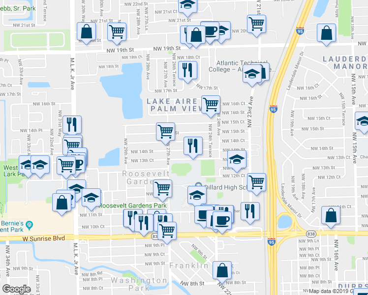 map of restaurants, bars, coffee shops, grocery stores, and more near 2550 Northwest 14th Court in Fort Lauderdale