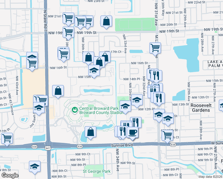 map of restaurants, bars, coffee shops, grocery stores, and more near 1436 Northwest 34th Way in Lauderhill