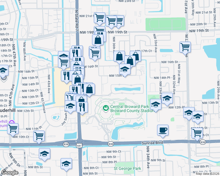 map of restaurants, bars, coffee shops, grocery stores, and more near 3602 Northwest 14th Court in Lauderhill