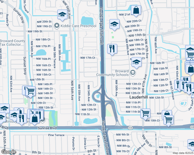 map of restaurants, bars, coffee shops, grocery stores, and more near 1514 Northwest 52nd Avenue in Lauderhill