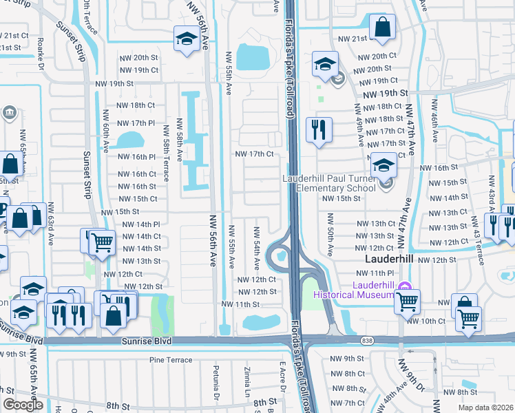map of restaurants, bars, coffee shops, grocery stores, and more near 5325 Northwest 15th Court in Lauderhill