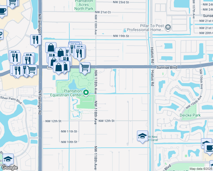 map of restaurants, bars, coffee shops, grocery stores, and more near 11700 Northwest 15th Court in Plantation