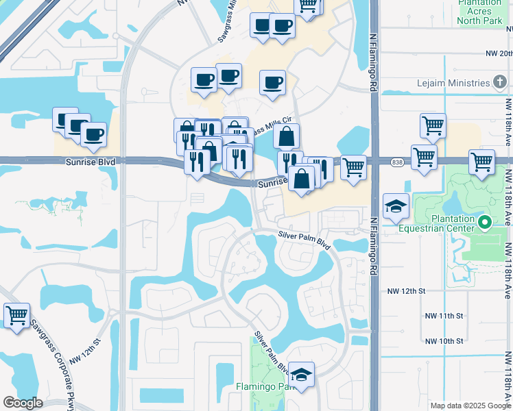 map of restaurants, bars, coffee shops, grocery stores, and more near 1650 Northwest 128th Drive in Sunrise