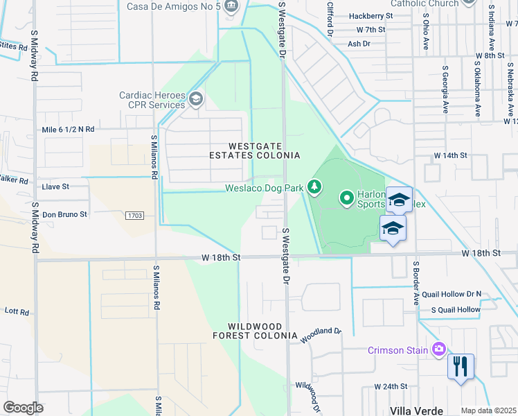 map of restaurants, bars, coffee shops, grocery stores, and more near 1808 South Westgate Drive in Weslaco