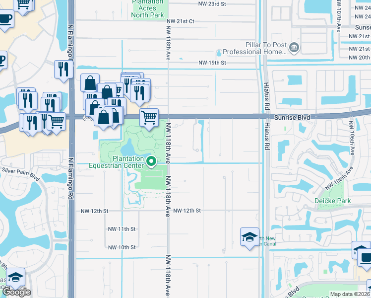 map of restaurants, bars, coffee shops, grocery stores, and more near 11700 Northwest 15th Court in Plantation