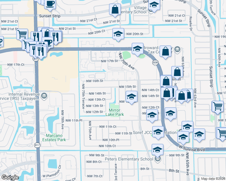 map of restaurants, bars, coffee shops, grocery stores, and more near 1430 Northwest 73rd Avenue in Plantation