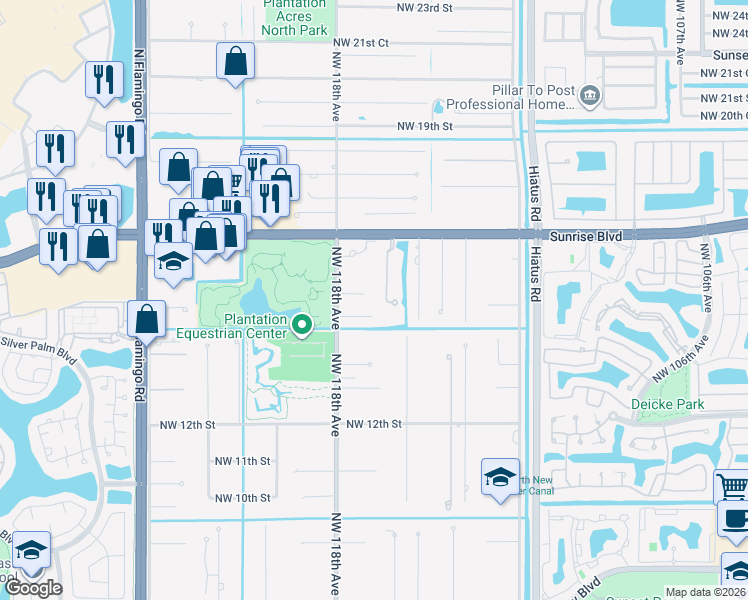 map of restaurants, bars, coffee shops, grocery stores, and more near 11700 Northwest 15th Court in Plantation