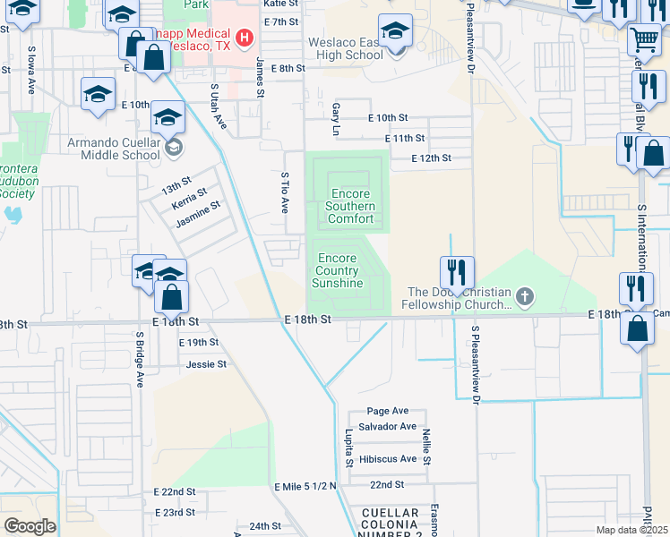 map of restaurants, bars, coffee shops, grocery stores, and more near 1601 South Airport Drive in Weslaco