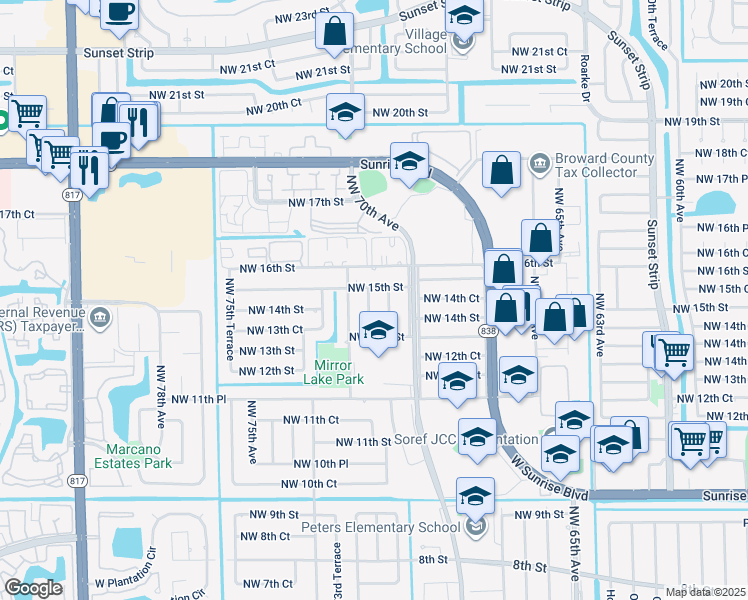 map of restaurants, bars, coffee shops, grocery stores, and more near 1430 Northwest 71st Avenue in Plantation