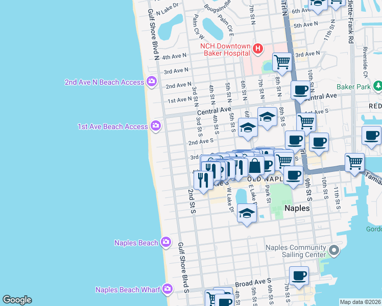 map of restaurants, bars, coffee shops, grocery stores, and more near 260 3rd Street South in Naples