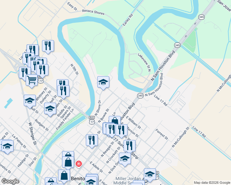 map of restaurants, bars, coffee shops, grocery stores, and more near 310 Garrison Drive in San Benito