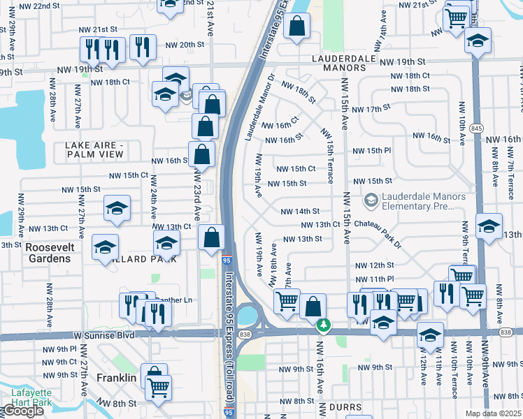 map of restaurants, bars, coffee shops, grocery stores, and more near 1749 Lauderdale Manor Drive in Fort Lauderdale