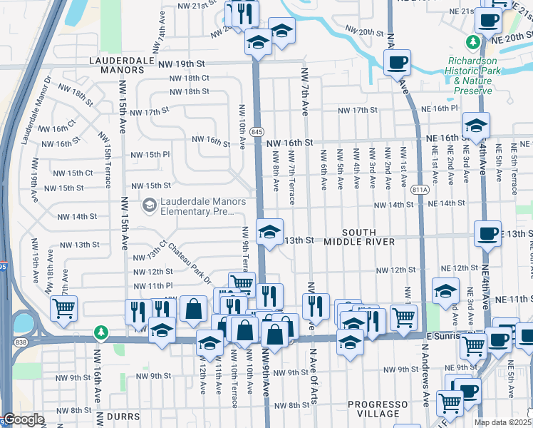 map of restaurants, bars, coffee shops, grocery stores, and more near 1340 Northwest 9th Avenue in Fort Lauderdale
