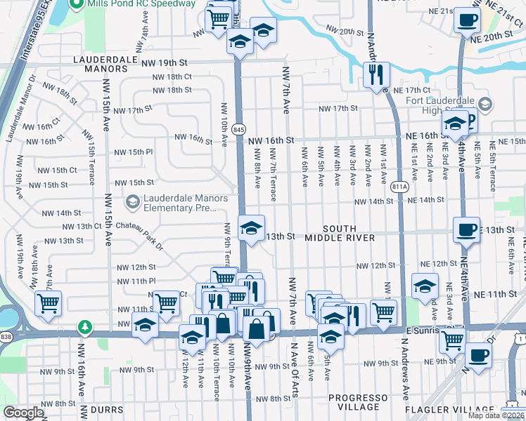 map of restaurants, bars, coffee shops, grocery stores, and more near 1341 Northwest 7th Terrace in Fort Lauderdale