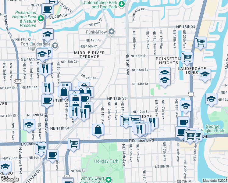 map of restaurants, bars, coffee shops, grocery stores, and more near 1337 Northeast 12th Avenue in Fort Lauderdale