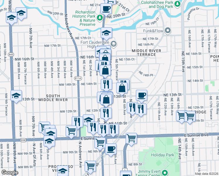 map of restaurants, bars, coffee shops, grocery stores, and more near 1336 Northeast 4th Avenue in Fort Lauderdale