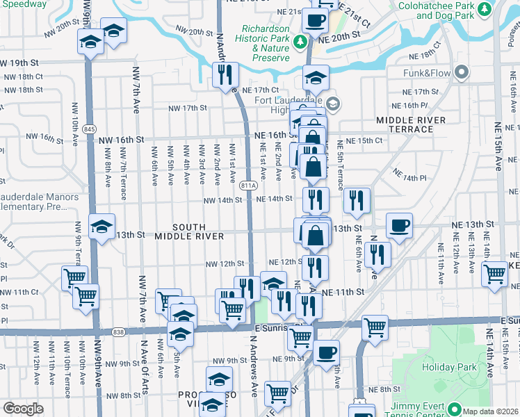 map of restaurants, bars, coffee shops, grocery stores, and more near 1336 Northeast 1st Avenue in Fort Lauderdale
