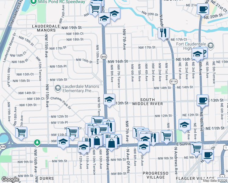 map of restaurants, bars, coffee shops, grocery stores, and more near 1341 Northwest 7th Terrace in Fort Lauderdale