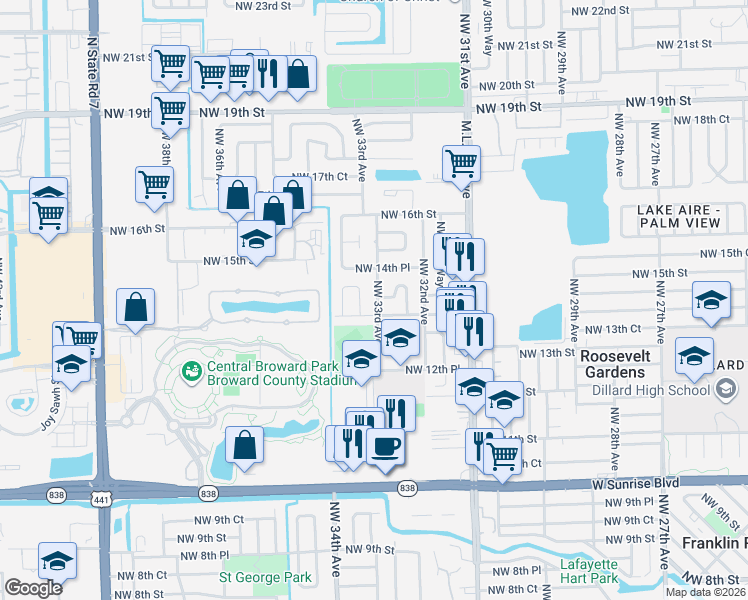 map of restaurants, bars, coffee shops, grocery stores, and more near 1430 Northwest 33rd Terrace in Fort Lauderdale