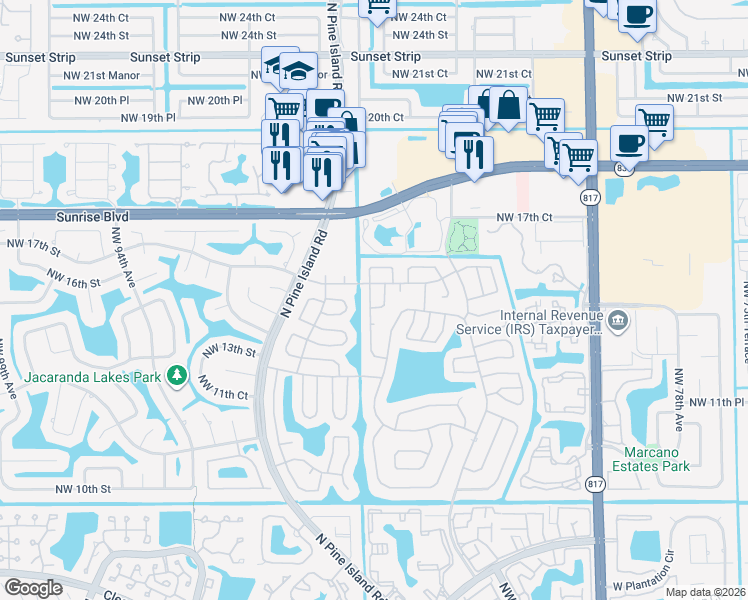 map of restaurants, bars, coffee shops, grocery stores, and more near 1600 Northwest 87th Lane in Plantation