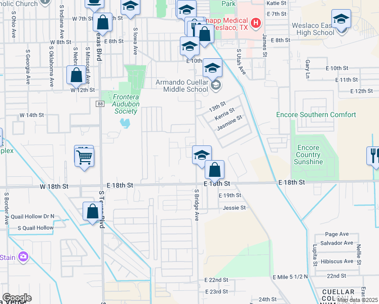 map of restaurants, bars, coffee shops, grocery stores, and more near 1522 South Bridge Avenue in Weslaco