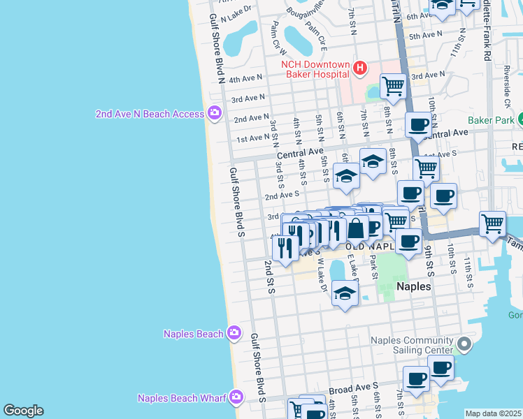 map of restaurants, bars, coffee shops, grocery stores, and more near 154 2nd Avenue South in Naples
