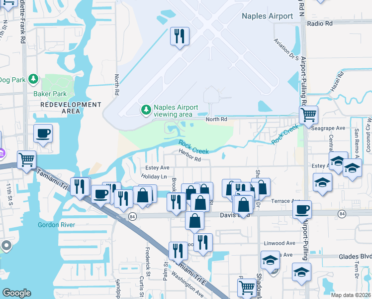map of restaurants, bars, coffee shops, grocery stores, and more near 2295 Harbor Road in Naples