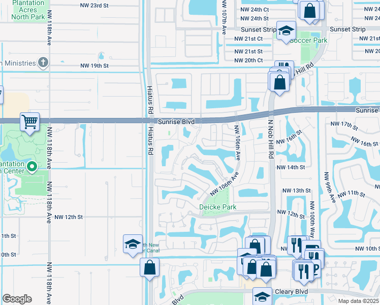 map of restaurants, bars, coffee shops, grocery stores, and more near 10761 Northwest 14th Street in Plantation