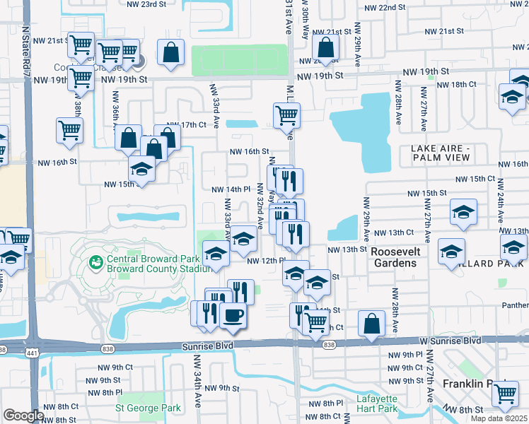 map of restaurants, bars, coffee shops, grocery stores, and more near 1420 Northwest 32nd Avenue in Fort Lauderdale