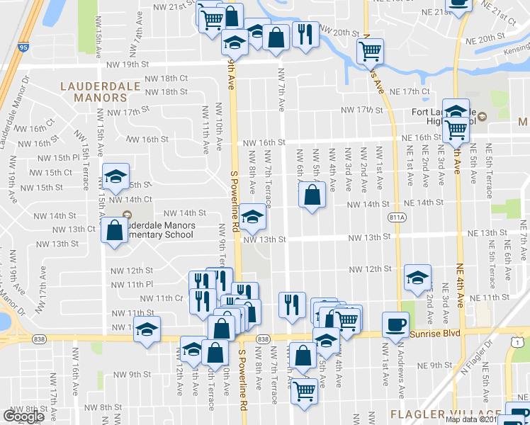 map of restaurants, bars, coffee shops, grocery stores, and more near 1341 Northwest 7th Terrace in Fort Lauderdale