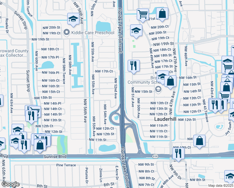 map of restaurants, bars, coffee shops, grocery stores, and more near 1514 Northwest 52nd Avenue in Lauderhill
