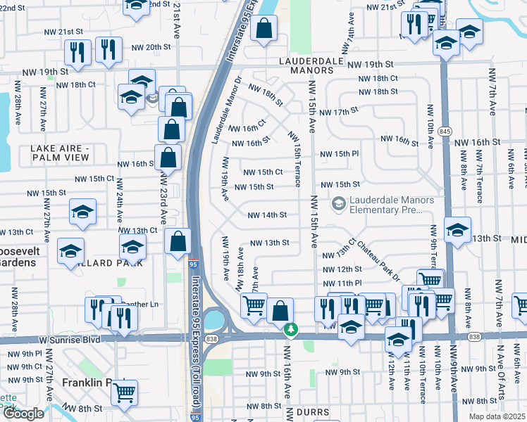 map of restaurants, bars, coffee shops, grocery stores, and more near 1633 Northwest 14th Street in Fort Lauderdale