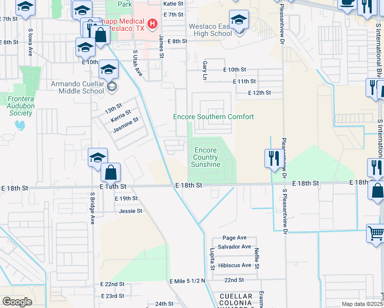 map of restaurants, bars, coffee shops, grocery stores, and more near 117 Valley Oak in Weslaco